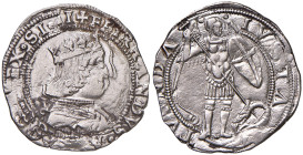 NAPOLI Ferdinando I d'Aragona (1458-1494) Coronato - MIR 70/3 AG (g 3,93) RRR Rarissimo esemplare recante la lettera V dietro il busto. Ribattitura di...