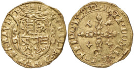 SAVOIA Emanuele Filiberto (1559-1580) Scudo d'oro del Sole 1579 ED (VI Tipo) - MIR 497t AU (g 3,34) RR Minime sfogliature di metallo al R/. Minor peel...
