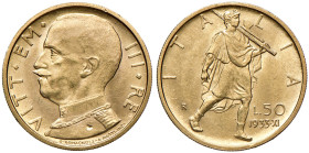 Vittorio Emanuele III (1900-1946) 50 Lire 1933 - Nomisma 1070 AU R Tacchetta sul collo al D/. Minor nick on the neck on obverse.
qFDC