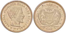 GUATEMALA Repubblica 10 Pesos 1869 - KM 193 AU RR In Slab PCGS AU53 n. 33180059.
SPL/SPL+