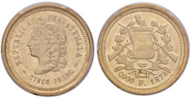 GUATEMALA Repubblica 5 Pesos 1874 P - Fr. 45 AU RR In Slab PCGS AU58 n. 33221363.
qFDC