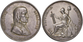Medaglia 1797 Fondazione della Repubblica Cisalpina - D/ Giro: “NAPOLEONE BONAPARTE”. Busto in uniforme a dx. In basso: Lui. Manfredini F. - R/ Giro: ...