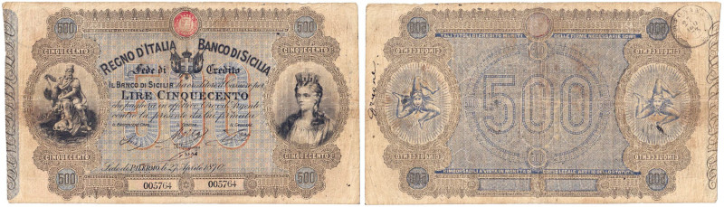 Banco di Sicilia Fede di credito da 500 Lire Emissione del 27 aprile 1870 n° 005...