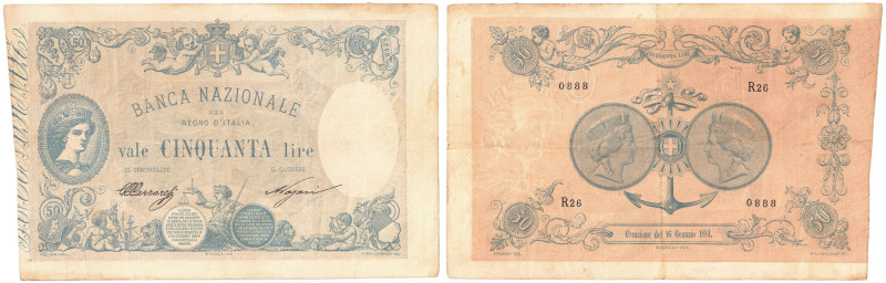 Banca Nazionale nel Regno Biglietto da 50 Lire del 16 gennaio 1884 R26 0888 Cat....