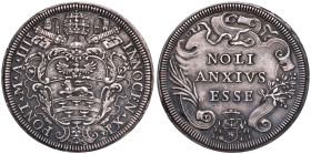 Innocenzo XI (1676-1689) Testone an. IIII - Munt 54 AG (g 9,71) RR Tipologia di moneta di rara apparizione e di cui non ci risultano passaggi oltre lo...