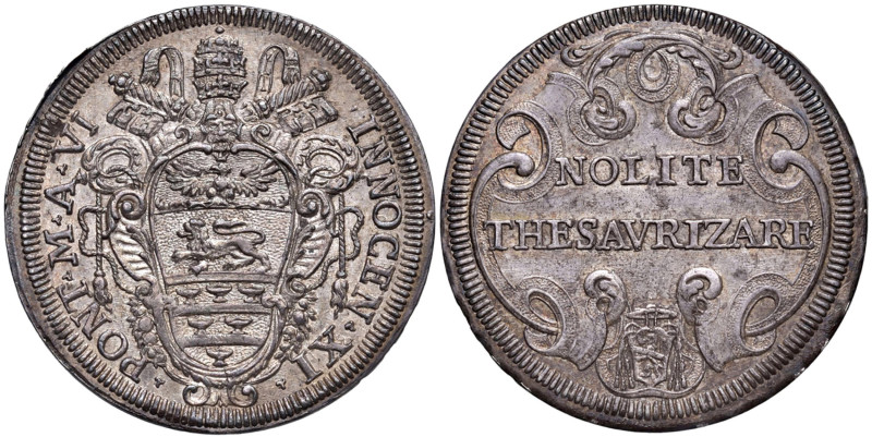 Innocenzo XI (1676-1689) Testone an. VI - Munt. 57 AG (g 9,61) RR Moneta di appa...