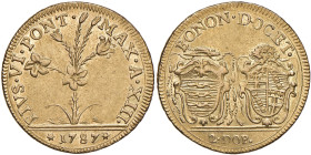 Pio VI (1775-1799) Bologna - 2 Doppie 1787 an. XIII - Munt. 169 Var. AU (g 10,95) R La testa del leone sopra lo stemma del Comune di Bologna è di fron...