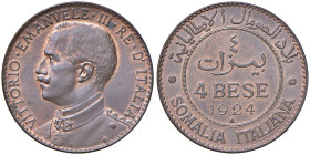 Vittorio Emanuele III Somalia (1900-1946) 4 Bese 1924 - Nomisma 1434 CU NC Insignificante segnetto sulla testa al D/. Rame parzialmente rosso. Irrelev...
