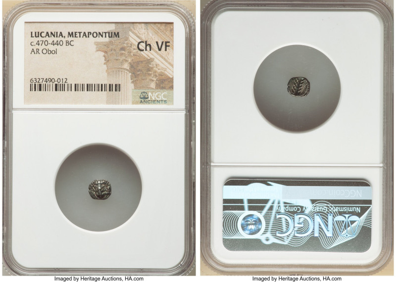 LUCANIA. Metapontum. Ca. 470-440 BC. AR obol (7mm, 7h). NGC Choice VF. Barley ea...