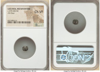 LUCANIA. Metapontum. Ca. 470-440 BC. AR obol (7mm, 7h). NGC Choice VF. Barley ear with six grains; guilloche border on raised rim, mouse in right fiel...
