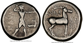 BRUTTIUM. Caulonia. Ca. 475-410 BC. AR stater (20mm, 3h). NGC Fine. KAVA, full-length figure of Apollo, nude, advancing right, torso turned facing, le...
