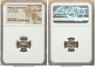 THRACE. Byzantium. Ca. 350-300 BC. AR half-siglos (13mm). NGC Choice VF. Bull standing left on dolphin left; ΠY above / Quadripartite incuse square of...