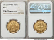 João Prince Regent gold 4000 Reis 1813-(R) MS63 NGC, Rio de Janeiro mint, KM235.2, LMB-573. A choice piece, crisp motifs and glowing velveteen periphe...