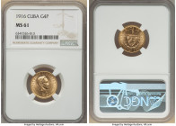 Republic gold 4 Pesos 1916 MS61 NGC, Philadelphia mint, KM18. Two year type. Mint bloom luster. 

HID09801242017

© 2022 Heritage Auctions | All Right...