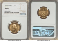Republic gold 5 Pesos 1915 MS62 NGC, Philadelphia mint, KM19. Two year type. AGW 0.2419 oz. 

HID09801242017

© 2022 Heritage Auctions | All Rights Re...