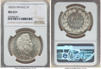Louis Philippe I 5 Francs 1832-A MS62+ NGC, Paris mint, KM749.1, Gad-678. Whirling luster on virtually untoned surfaces, great eye appeal. 

HID098012...