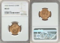 Republic gold "Bazor" 100 Francs 1935 MS63 NGC, Paris mint, KM880, Gad-1148. Boasting an entrancing satin finish that rolls with brilliance. 

HID0980...