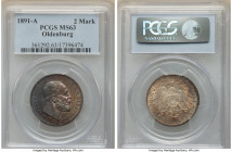 Oldenburg. Nicolaus Friedrich Peter 2 Mark 1891-A MS63 PCGS, Berlin mint, KM201. One year type. Gunmetal toning on obverse with rainbow crescent tonin...