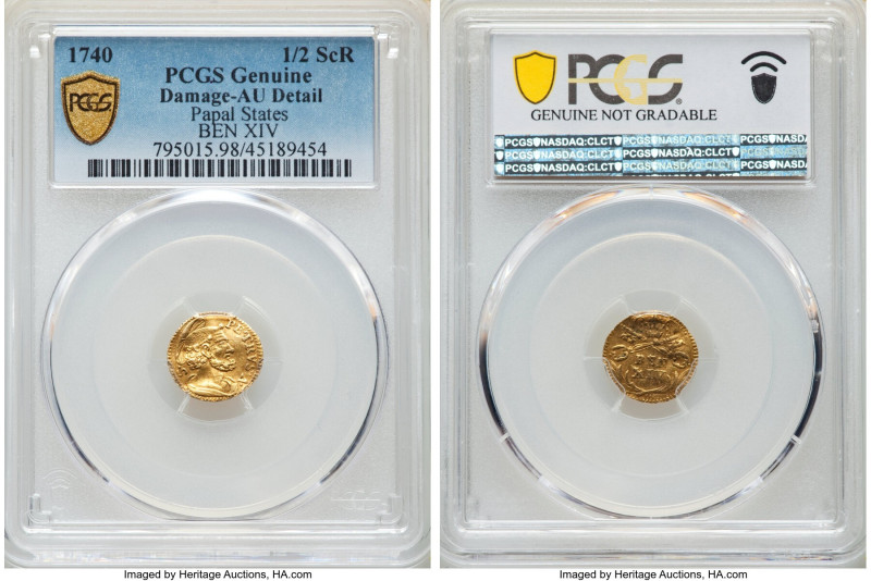 Papal States. Benedict XIV gold 1/2 Scudo Romano ND (1740-1742) AU Details (Dama...