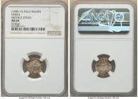 Venice. Michael Steno Soldino ND (1400-1413) MS64 NGC, Pao-3. 0.42gm. MICHAEL STEN' DVX Doge kneeling holding flag, star behind initial of mint master...