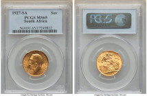 George V gold Sovereign 1927-SA MS65 PCGS, Pretoria mint, KM21, S-4004. Olive toned butterscotch gold colored with subdued luster. 

HID09801242017

©...