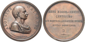 BOLOGNA. Luigi Galvani (fisico), 1737-1798 
Medaglia 1888 opus T. Mercandetti. Æ gr. 141,59 mm 62,5 Dr. ALOYSIVS - GALVANVS. Busto drappeggiato a d.;...