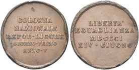 GENOVA. Durante Repubblica Ligure, 1798-1805 
Medaglia 1801. Æ gr. 24,52 mm 37,2 Dr. COLONNA / NAZIONALE / REPUB LIGURE / GIORNO PRIMO / ANNO V. Iscr...
