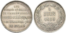 MILANO. Francesco Giuseppe I d’Asburgo Lorena, 1848-1866 
Medaglia 1859. Ag gr. 12,77 mm 31,00 Dr. 5 / JUIN / 1859. Iscrizione disposta su tre righe ...