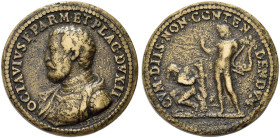 PARMA. Ottavio Farnese, 1521-1586 
Medaglia 1547 opus G. Bonzagni. Æ gr. 24,31 mm 30,9 Dr. OCTAVIVS F PARM ET PLAC DVX II. Busto del duca corazzato a...