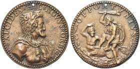 FRANCIA. Enrico IV di Borbone, il Grande, 1553-1610 
Medaglia 1602 opus Danfrie Philippe. Æ gr. 17,97 mm 49,3 Dr. ALCIDES HIC NOVVS ORBI B. Busto di ...