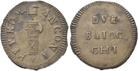ANCONA. Prima Repubblica Romana, 1798-1799 
Due Baiocchi s. data, fascio largo. Æ gr. 18,07 Dr. REP ROM - ANCONA. Fascio repubblicano con scure e sor...