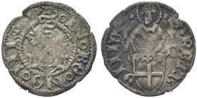 BOLOGNA. Filippo Maria Visconti, 1438-1443 
Quattrino. Mi gr. 0,71 Dr. (biscia) DE BO NO NIA. Chiavi decussate. Rv. S PETR - ONIVS. Busto del Santo s...