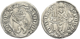 BOLOGNA. Monete Autonome, fine XV sec 
Grossetto. Ag gr. 1,67 Dr. BONONI - A DOCET. Leone vessillifero rampante verso s. Rv. S PETR - ONIVS. San Petr...
