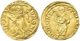 BOLOGNA. Anonime pontificie, sec. XVI 
Ducato papale. Au gr. 3,37 Dr. BONONIA - DOCET. Leone vessillifero rampante verso d. Rv. S PETRVS DE - BONONIA...