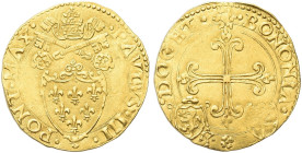 BOLOGNA. Paolo III (Alessandro Farnese), 1534-1549 
Scudo d’oro. Au gr. 3,37 Dr. PAVLVS III - PONT MAX. Stemma semiovale gigliato. Rv. (sole raggiant...