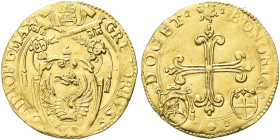 BOLOGNA. Gregorio XIII (Ugo Boncompagni), 1572-1585 
Scudo d'oro. Au gr. 3,31 Dr. GREGORIVS - XIII PONT MAX. Stemma ovale in cornice ad intagli sormo...
