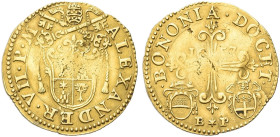 BOLOGNA. Alessandro VII (Fabio Chigi), 1655-1667 
Scudo d’oro 1657. Au gr. 3,23 Dr. ALEXANDER VII P M. Stemma papale semiovale gigliato sormontato da...