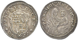 BOLOGNA. Clemente X (Emilio Altieri), 1670-1676 
Carlino 1671. Ag gr. 1,84 Dr. BONONIA DOCET. Stemma della città; sotto, 16 - 71. Rv. PRAESIDIVM ET D...
