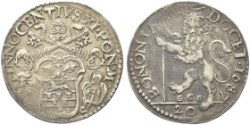 BOLOGNA. Innocenzo XI (Benedetto Odescalchi), 1676-1689 
Lira 1687. Ag gr. 5,99 Dr. INNOCENTIVS XI PON M, Stemma a targa ovale sagomata sormontato da...