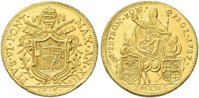 BOLOGNA. Pio VI (Giannangelo Braschi), 1775-1799 
Da 5 Zecchini 1787 a. XIII. Au gr. 17,05 Dr. PIVS VI PONT - MAX AN XIII. Stemma a targa in cornice ...