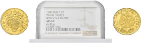BOLOGNA. Pio VI (Giannangelo Braschi), 1775-1799 
Doppio Zecchino 1786. Au gr. 6,84 Dr. PIVS VI - PONT M. Stemma ovale in cornice sormontato da trire...