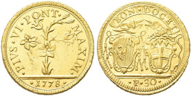 BOLOGNA. Pio VI (Giannangelo Braschi), 1775-1799 
Doppia romana 1778. Au gr. 5,45 Dr. PIVS VI PONT - MAXIM. Pianta di giglio; in esergo, 1778. Rv. BO...