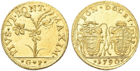 BOLOGNA. Pio VI (Giannangelo Braschi), 1775-1799 
Doppia romana 1790. Au gr. 5,46 Simile a precedente. Munt. 182; Ch. 1008 ; B. 3023; Fried. 386.
Ra...