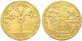 BOLOGNA. Pio VI (Giannangelo Braschi), 1775-1799 
Mezza Doppia romana 1786. Au gr. 2,57 Dr. PIVS VI PONT - MAXIM. Pianta di gliglio con fiori; in ese...