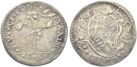 BOLOGNA. Pio VI (Giannangelo Braschi), 1775-1799 
Carlino da 5 Bolognini 1778. Ag gr. 1,16 Simile a precedente. Munt. 232 (denominazione inesatta) va...