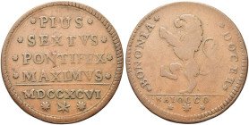 BOLOGNA. Pio VI (Giannangelo Braschi), 1775-1799 
Baiocco 1796. Æ gr. 8,58 Dr. PIUS / SEXTVS / PONTIFEX / MAXIMVS. Iscrizione su quattro righe tra st...