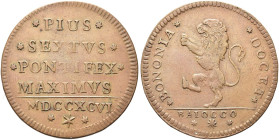 BOLOGNA. Pio VI (Giannangelo Braschi), 1775-1799 
Baiocco 1796. Æ gr. 8,60 Simile a precedente. Munt. 261 var. I; B. 3076; Ch. 1142 var. I.
SPL