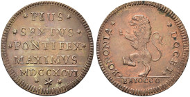 BOLOGNA. Pio VI (Giannangelo Braschi), 1775-1799 
Baiocco 1796. Æ gr. 9,35 Simile a precedente. Munt. 261; Ch. 1142; B. 3076.
Rame rosso. q. FDC/FDC...