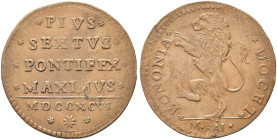 BOLOGNA. Pio VI (Giannangelo Braschi), 1775-1799 
Mezzo Baiocco 1796. Æ gr. 5,07 Dr. PIUS / SEXTVS / PONTIFEX / MAXIMVS. Iscrizione su quattro righe ...