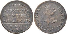 BOLOGNA. Pio VI (Giannangelo Braschi), 1775-1799 
Mezzo Baiocco 1796. Æ gr. 4,48 Simile a precedente ma leone a destra. CNI - ; Munt. -; Ch. 1154.
U...